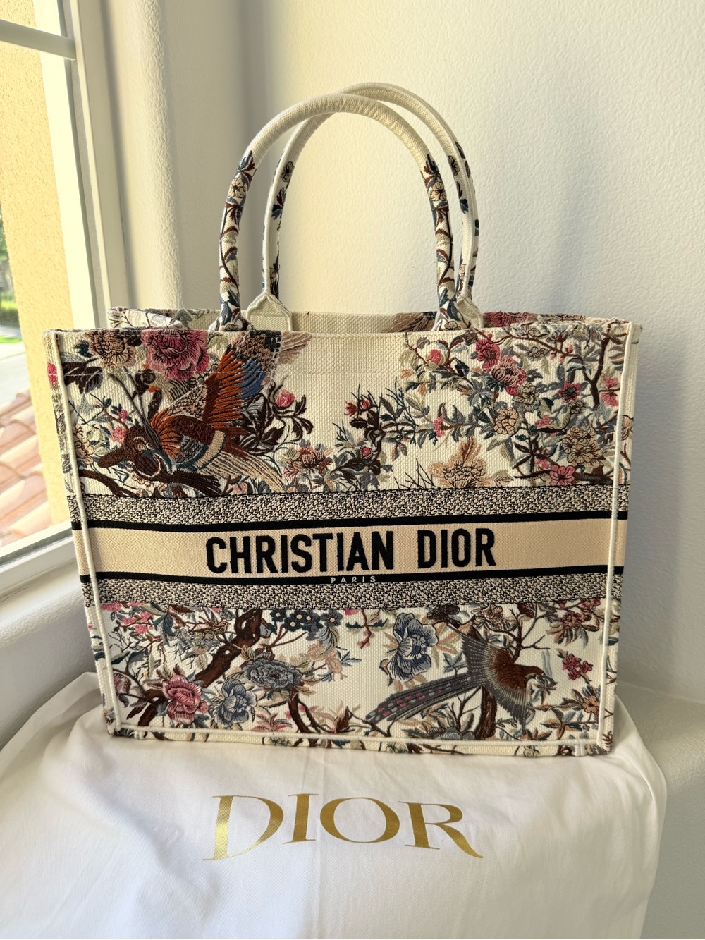 Dior Cream Floral Embroidered Book Tote with Bird Motif Large with Dust Bag